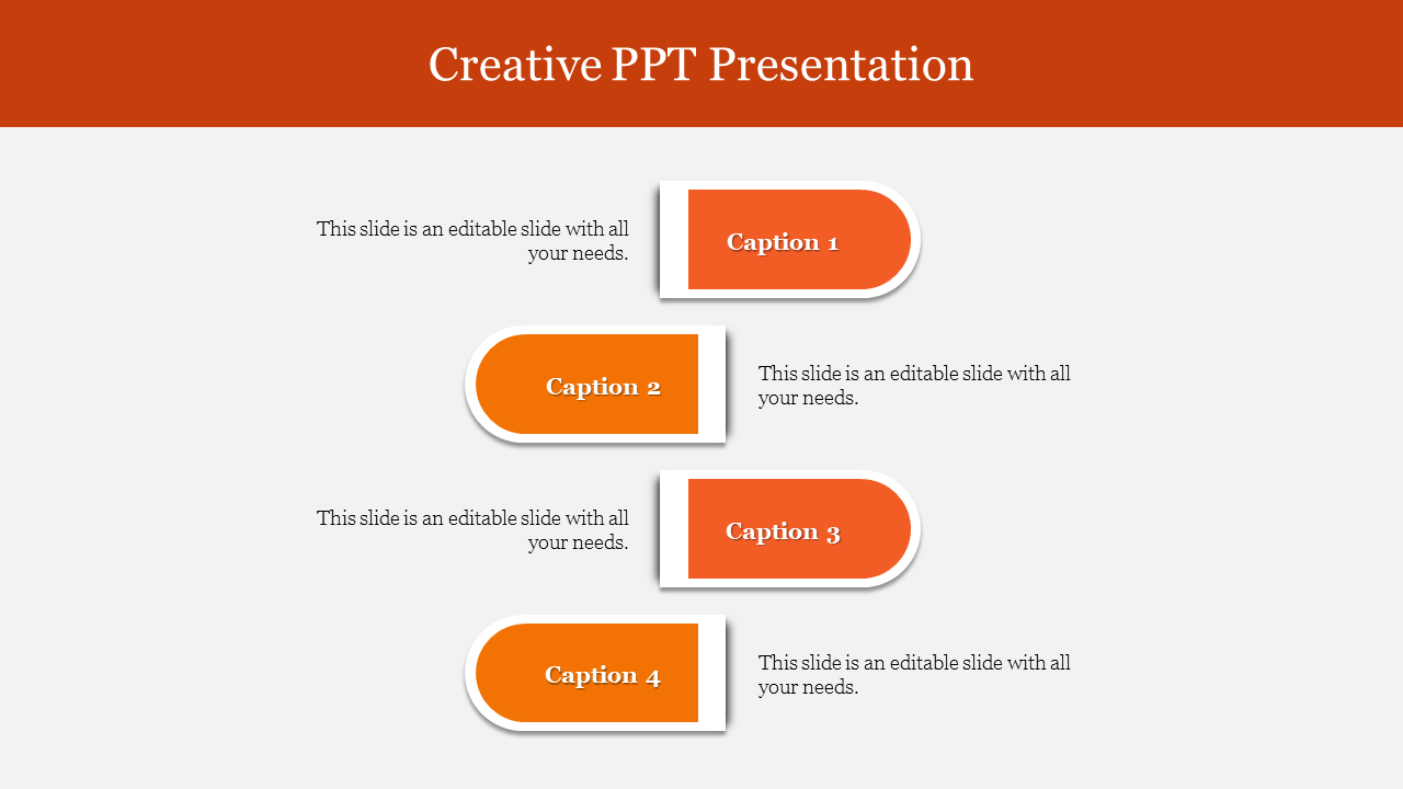 Creative PowerPoint template with four orange colored caption boxes, each featuring text sections.