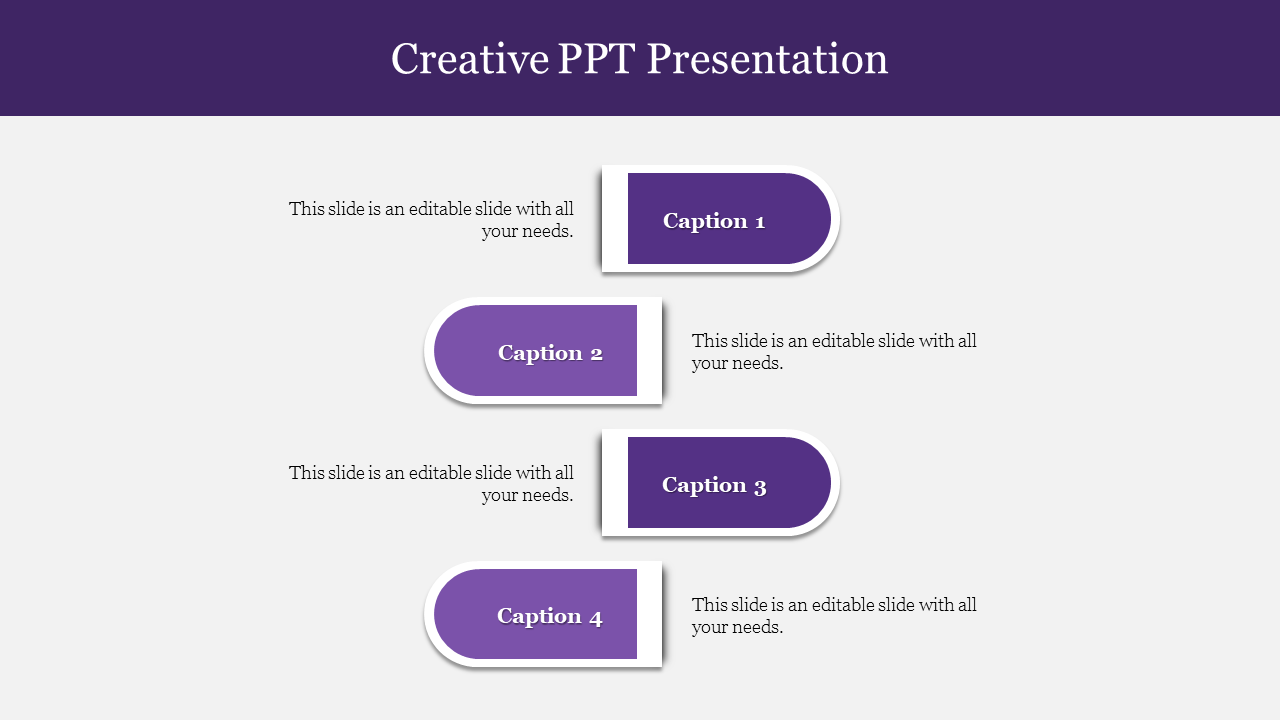 Creative PPT presentation slide with four purple colored caption boxes, each with a section.