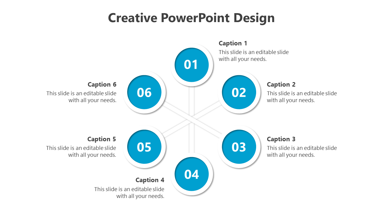 Creative design template with six blue circular nodes, numbered 01 to 06, arranged radially and connected by thin lines.