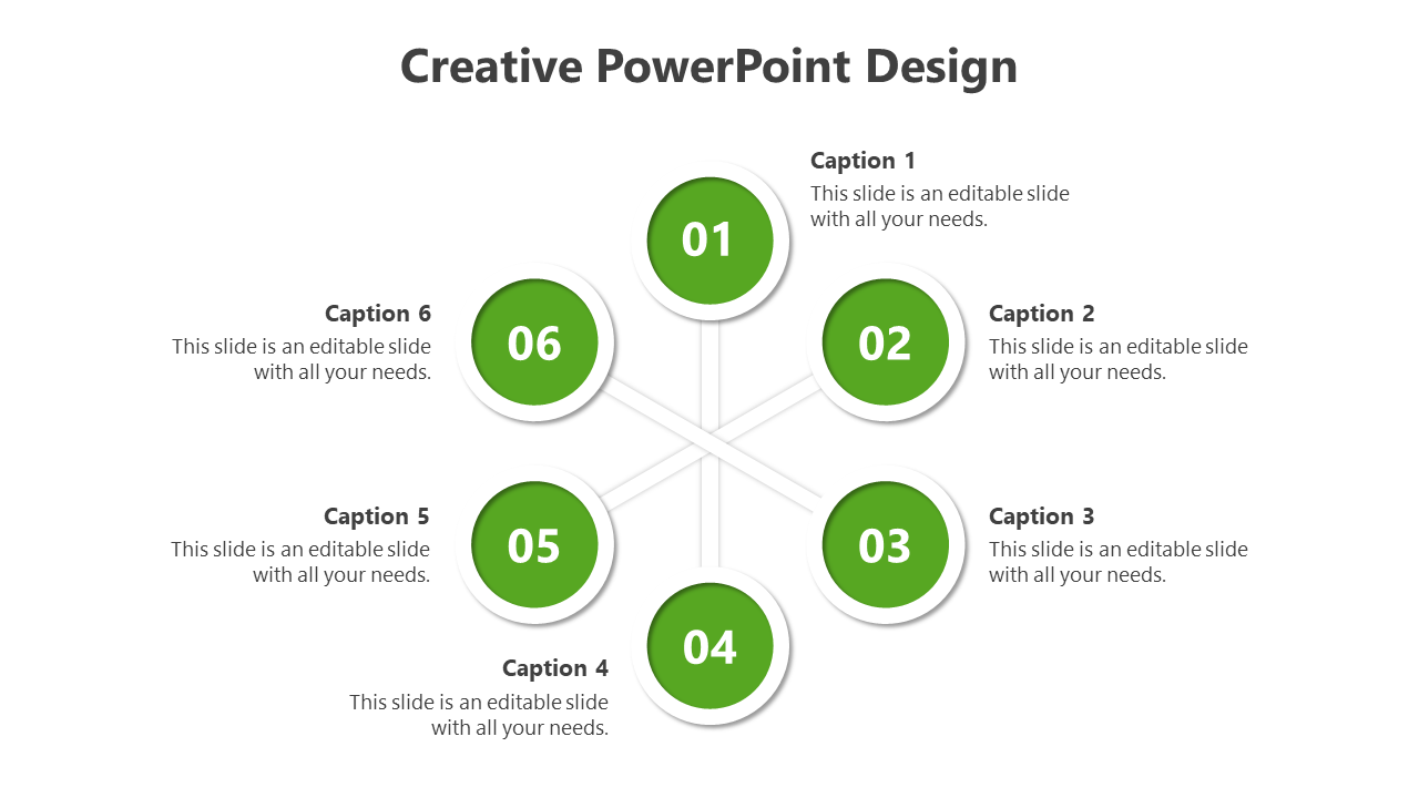 Creative design with six green circular nodes, numbered 01 to 06, arranged radially and connected by thin lines.