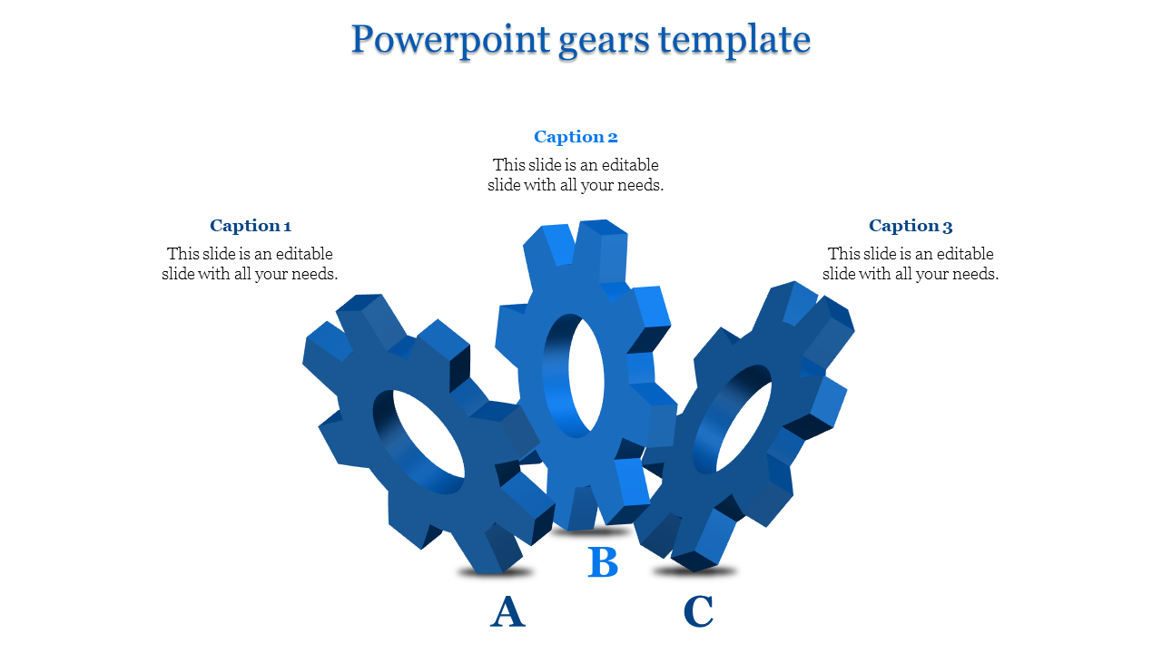 Business process gear infographic, displaying three blue gears labeled A to C, with text placeholders.