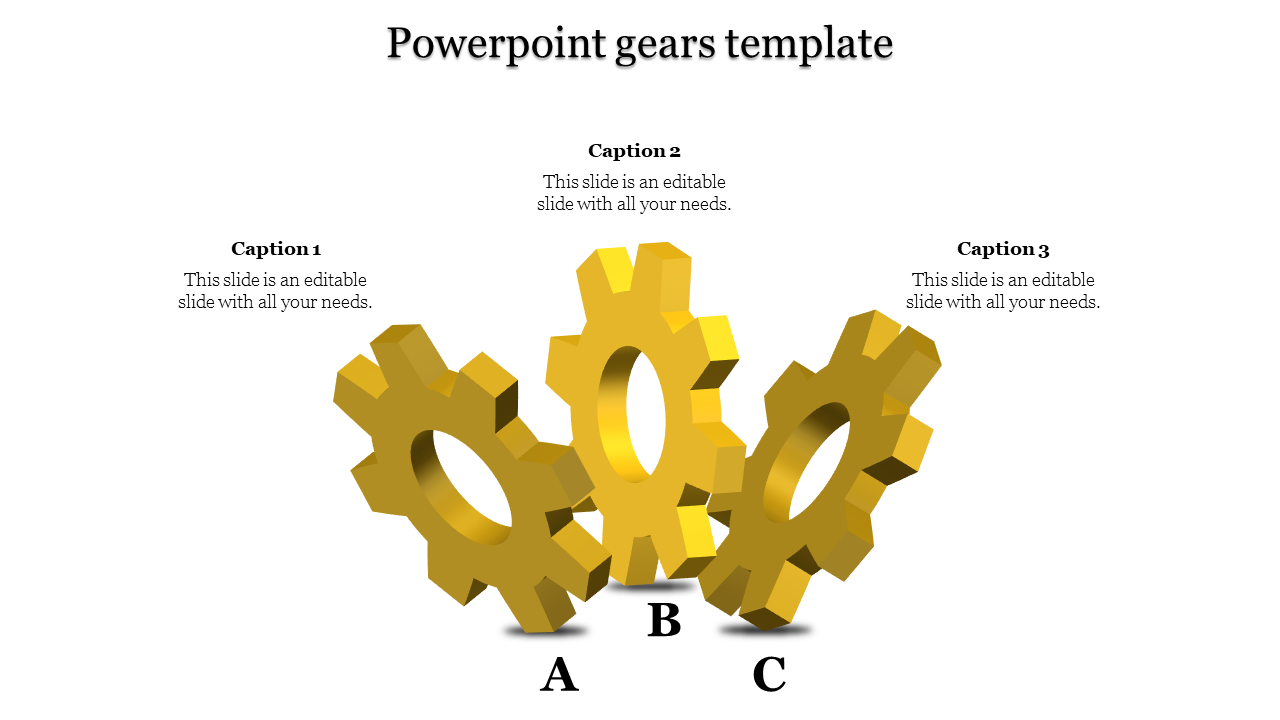 PowerPoint gears template featuring three golden gears labeled A, B, and C with captions.