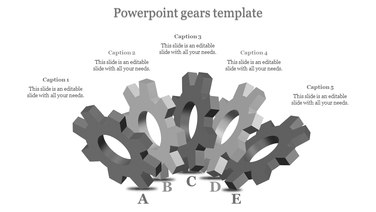 PowerPoint gears template with five large gray gears labeled A, B, C, D, and E, featuring captions.