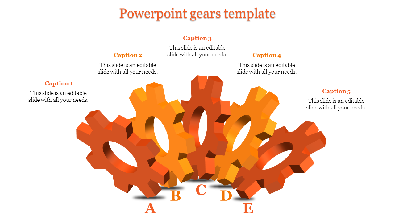 Business process gear infographic, displaying five orange gears labeled A to E, with text placeholders.