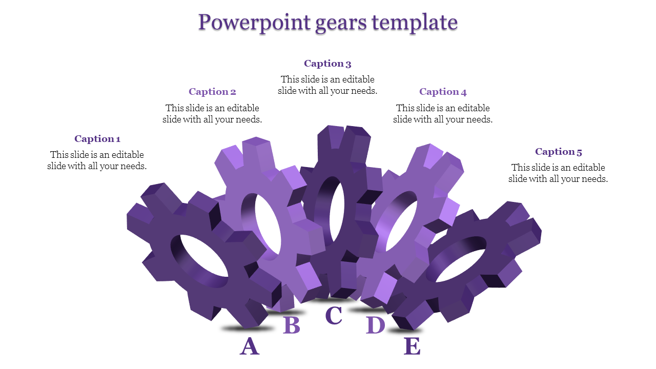 PowerPoint gears template with five large purple gears labeled A, B, C, D, and E, featuring captions.