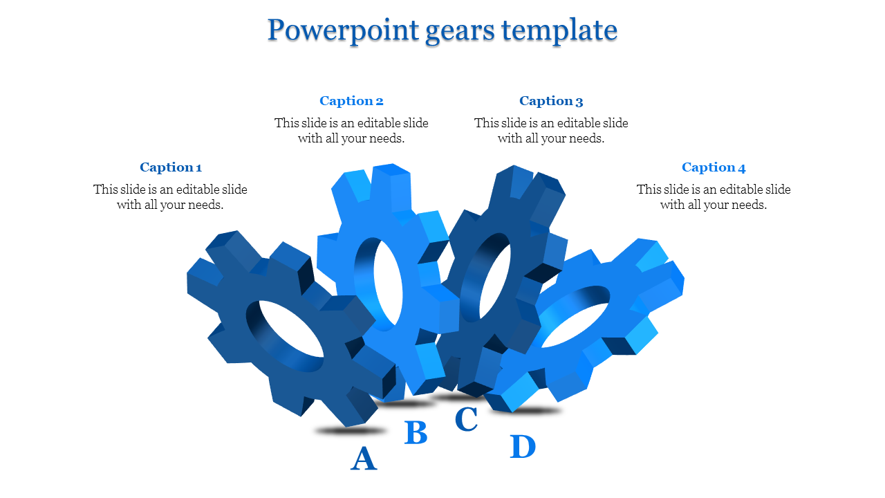 PowerPoint gears template with four large blue gears labeled A, B, C, and D, featuring captions.