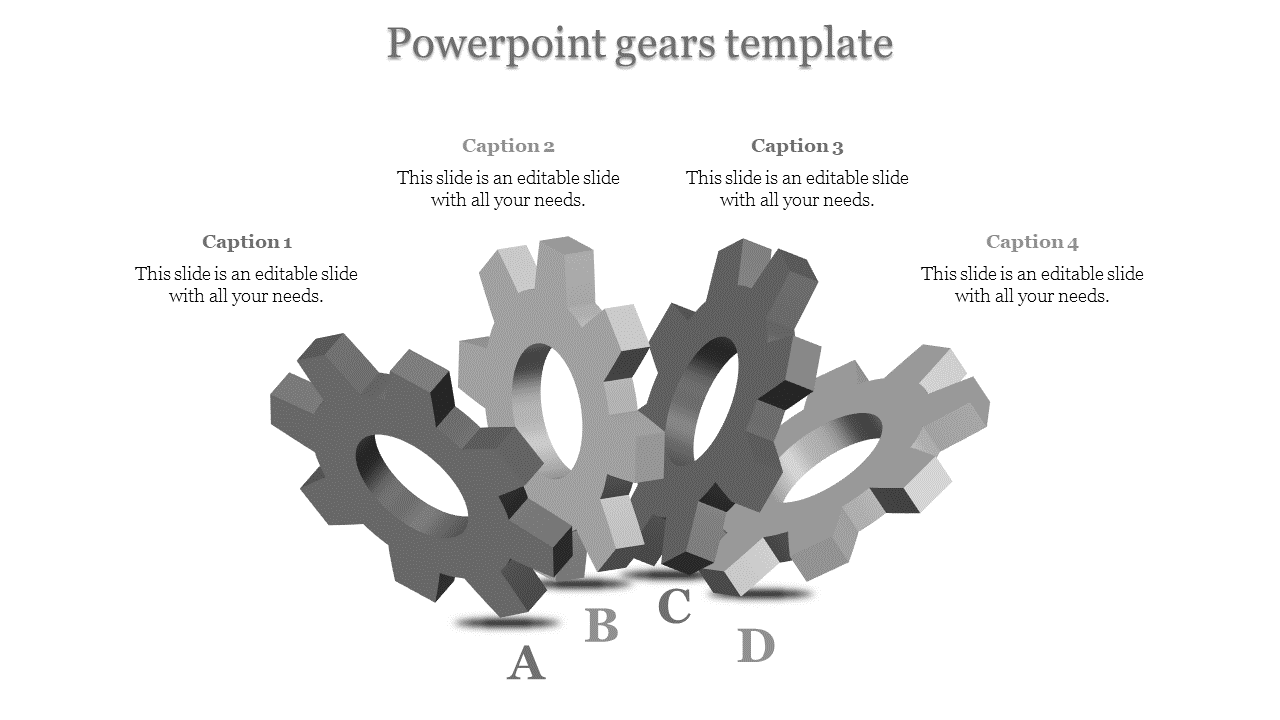Black and white PowerPoint gear template with four sections labeled caption 1 to 4.
