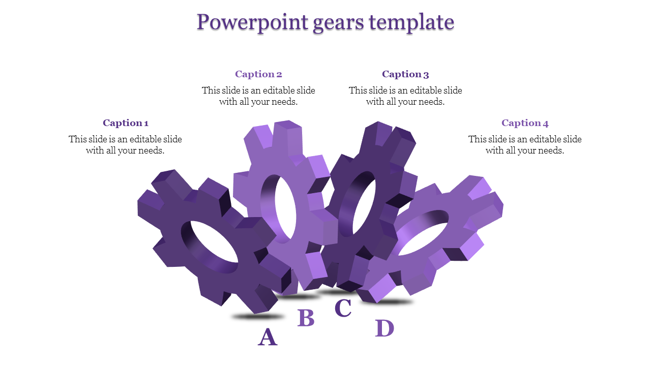 Purple gear illustration, depicting interconnected gears labeled A to D, with text placeholders for descriptions.
