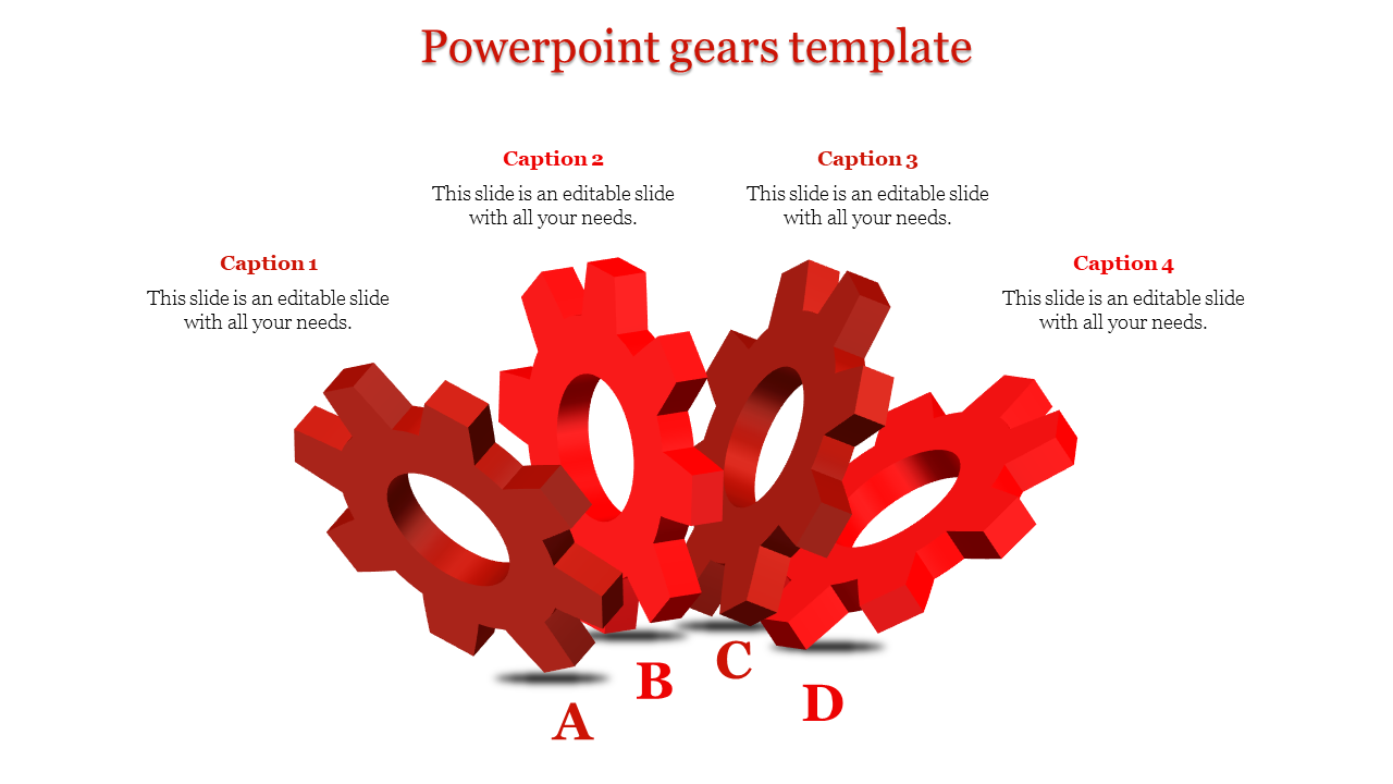 PowerPoint gears template with four large red gears labeled A, B, C, and D, featuring captions.