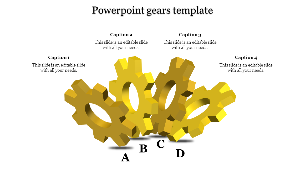 A cluster of four yellow 3D gears, labeled A to D, each paired with captions on a clean white background.