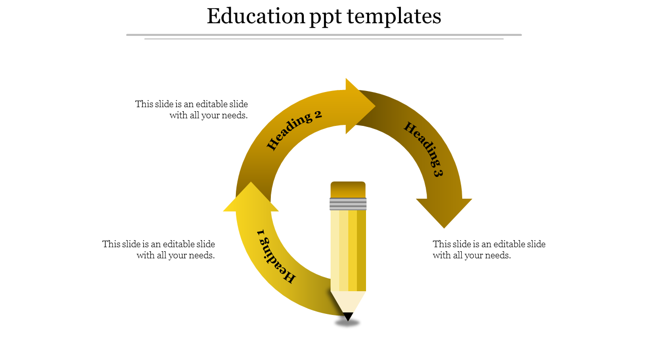 Creative PowerPoint slide for education with a yellow pencil in the center and three headings in a circular diagram.