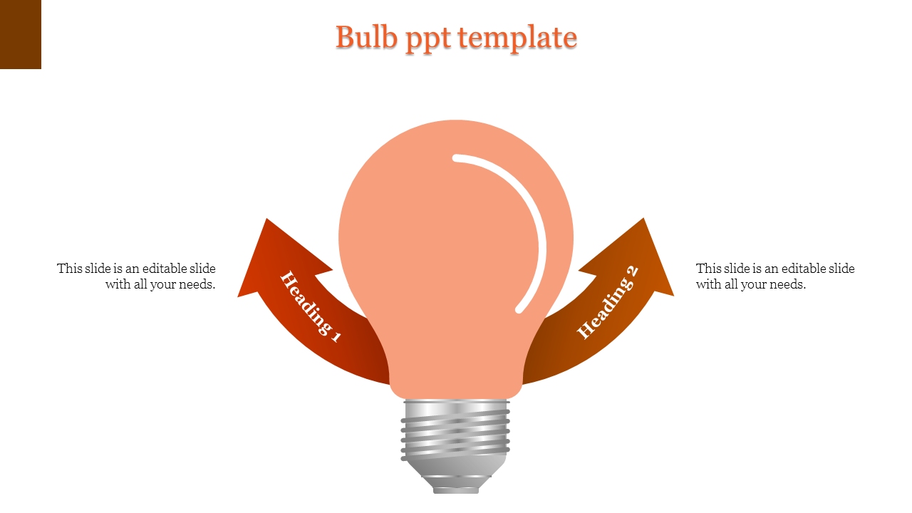 Creative idea slide featuring a central orange bulb with four directional arrows representing key points in white backdrop.