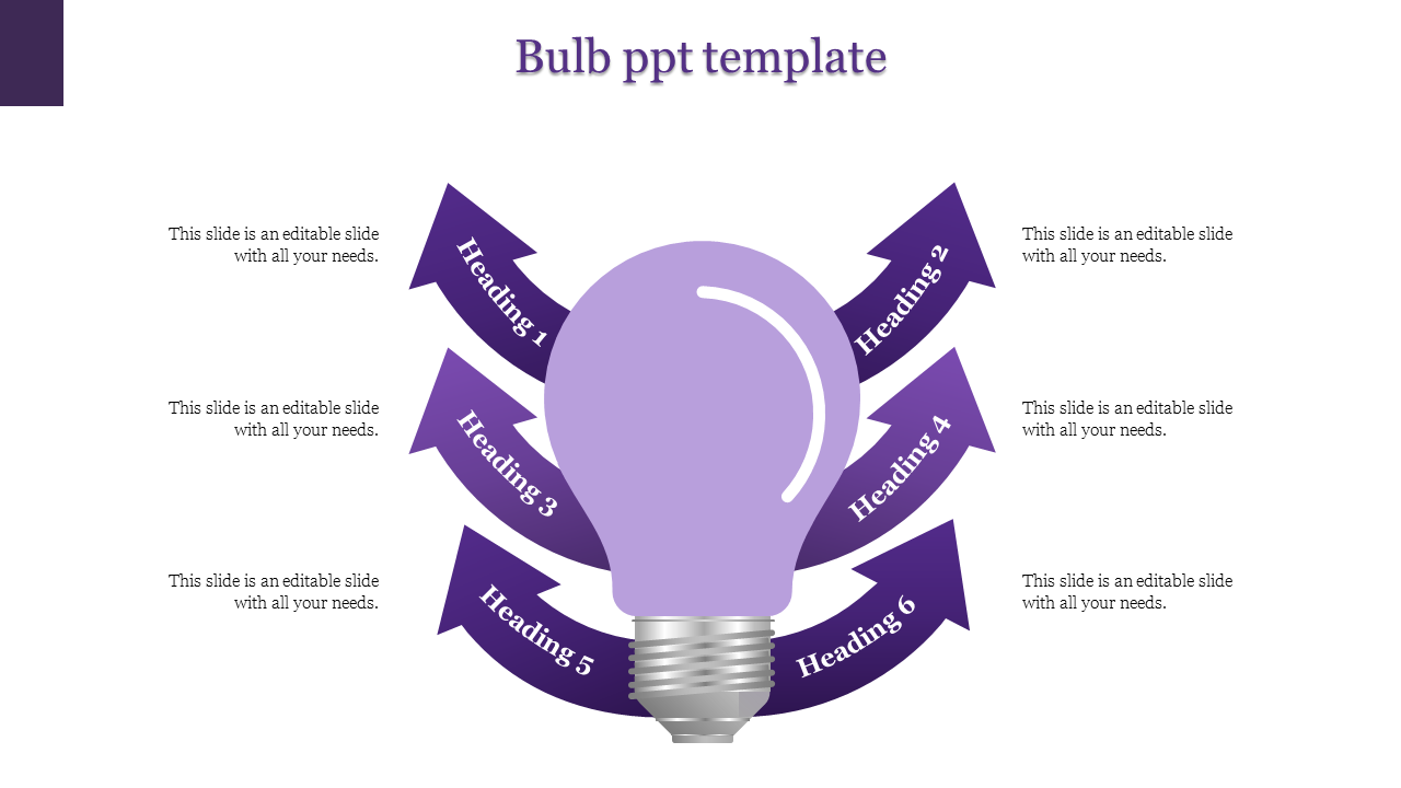 Purple light bulb infographic with six curved arrows in purple, each labeled with a heading and pointing outward.