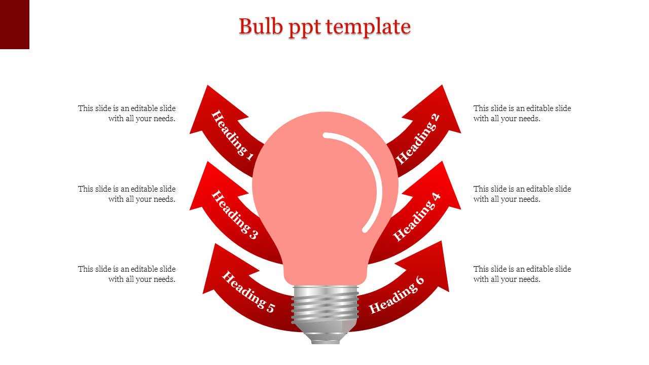 Bulb PowerPoint template with six red arrows pointing to different headings around a lightbulb.