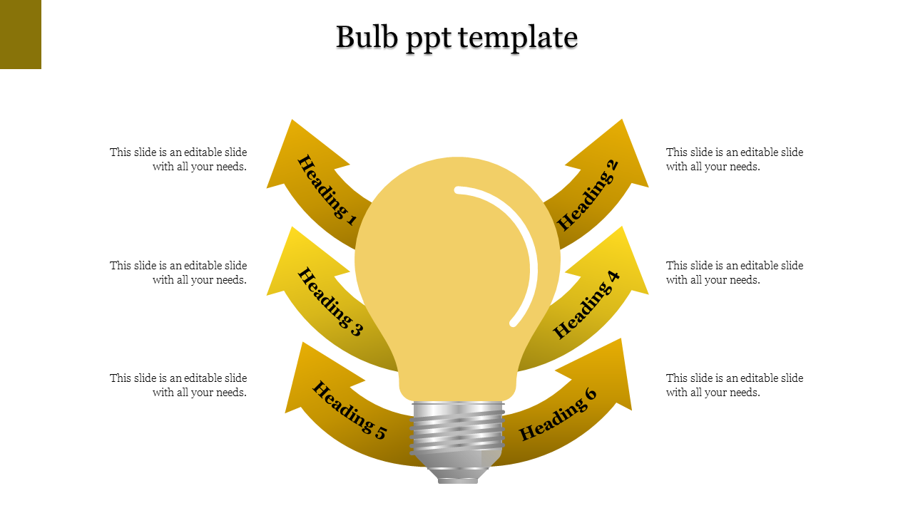 Infographic featuring a light bulb in yellow with six curved arrows labeled with headings around it.