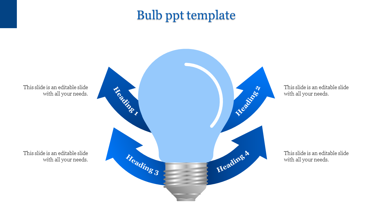 Blue light bulb illustration with four curved blue arrows surrounding it, set on a white background.