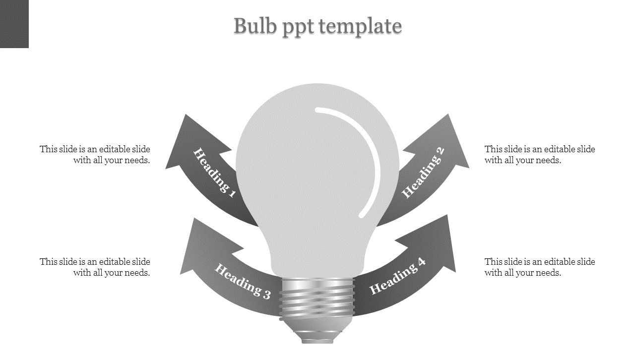 Innovative template with a central light bulb in gray and four labeled arrows illustrating key ideas or concepts.