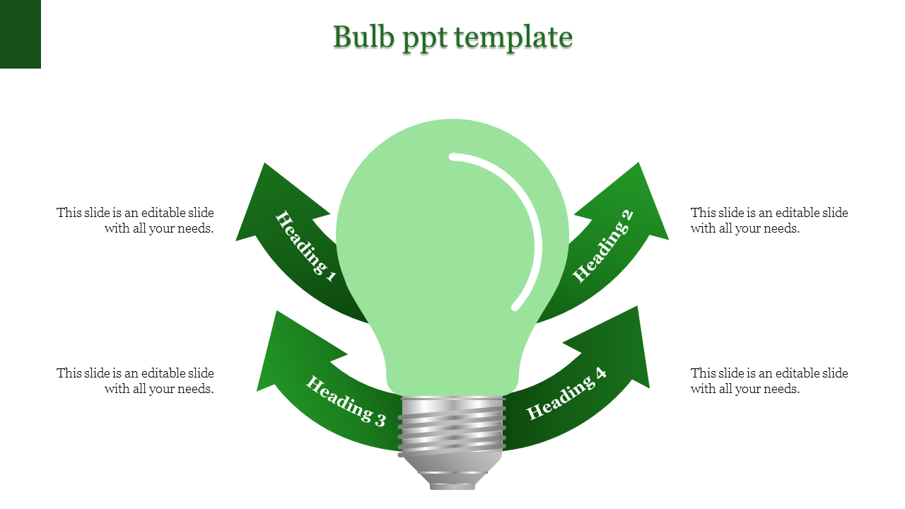 PowerPoint template with four green arrows pointing to headings 1, 2, 3, and 4 around a lightbulb.