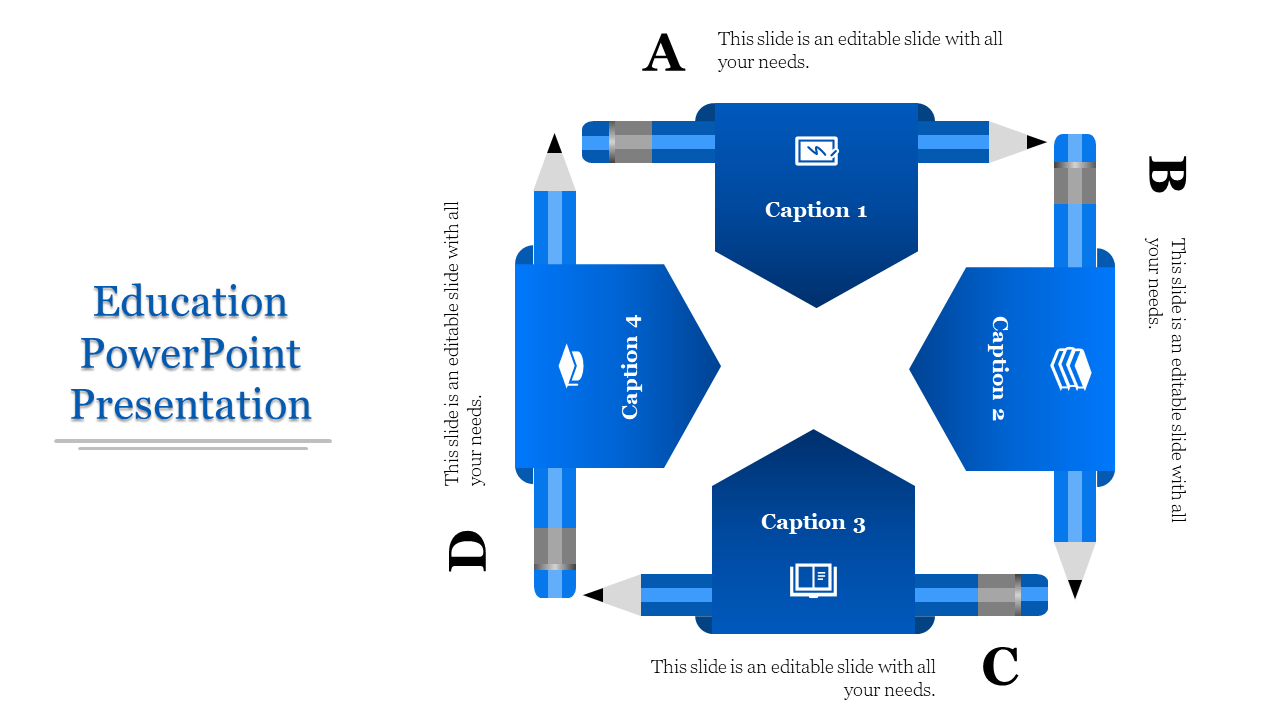 Blue education themed infographic with four arrows labeled A to D, each pointing to a caption over a pencil design.