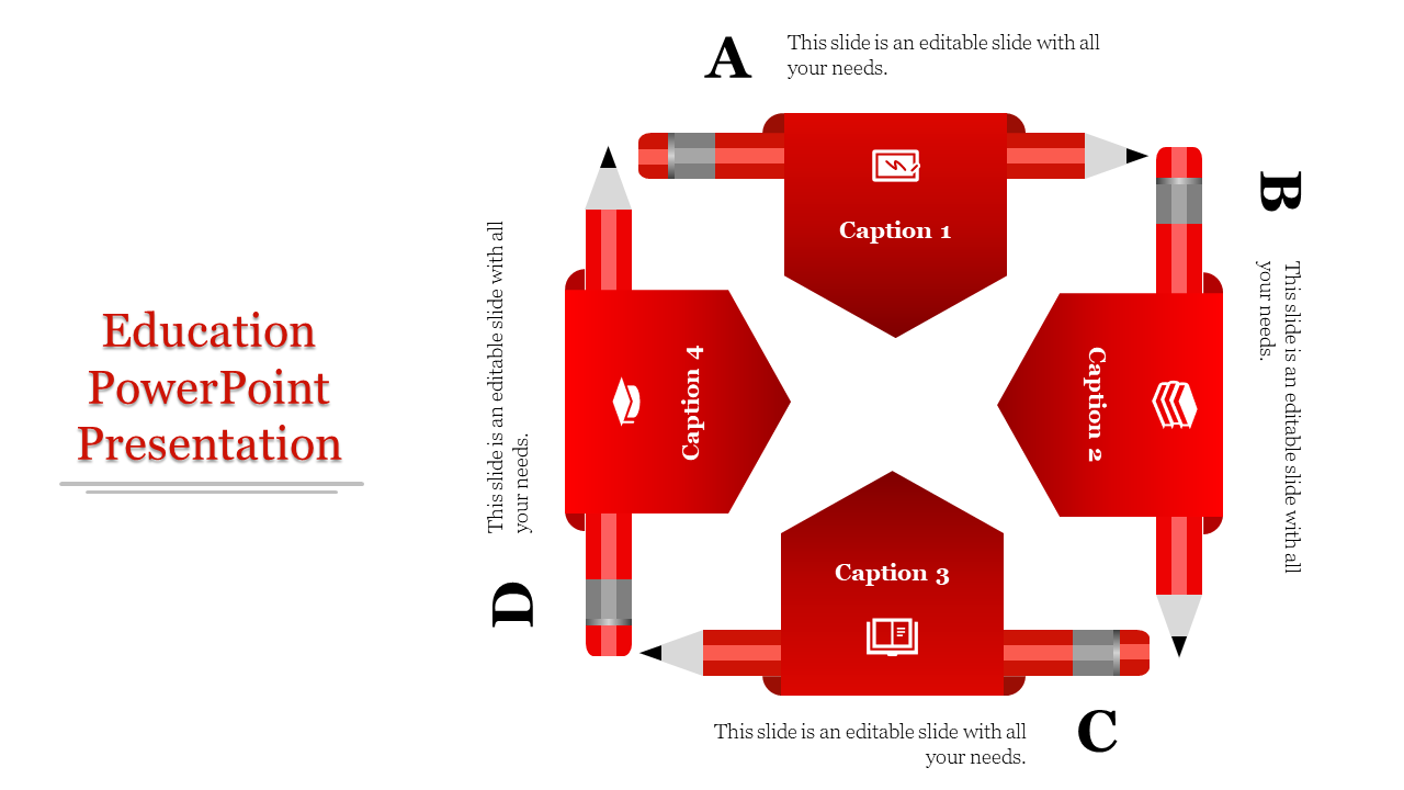 Education PowerPoint slide with four editable blocks, each with a caption placeholder and icons such as a clock and books.
