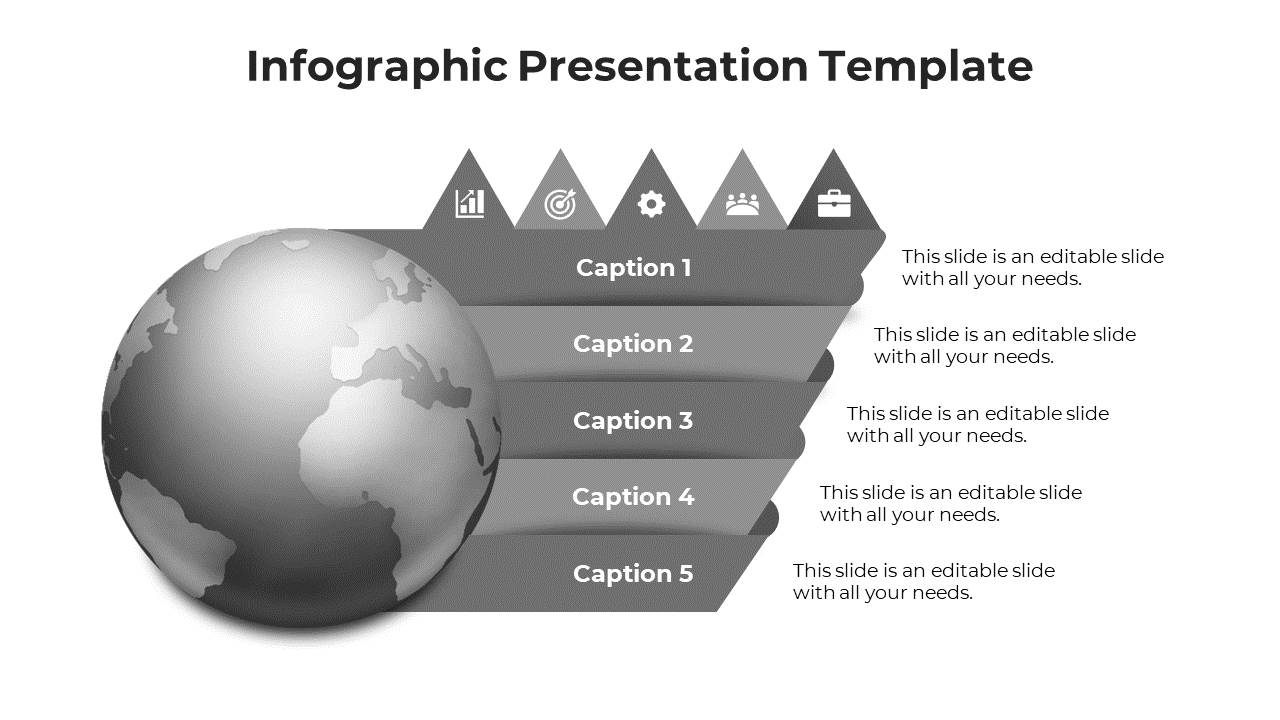 Gradient styled Earth graphic with five gray arrow banners extending rightward, topped by minimal business icons.