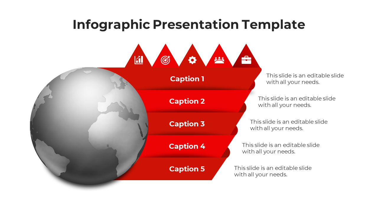 Infographic presentation template featuring a red triangular layout with five sections, each marked by an icon and caption.