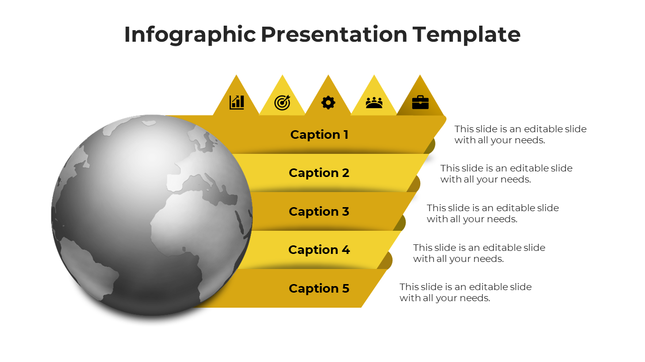 Template with a globe on the left and five yellow triangular sections arranged horizontally with captions.