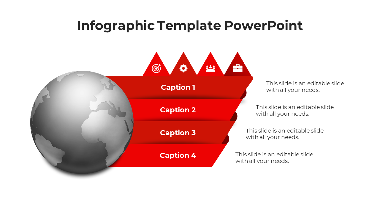 Infographic PPT template with a world globe icon and three red sections representing different business concepts.