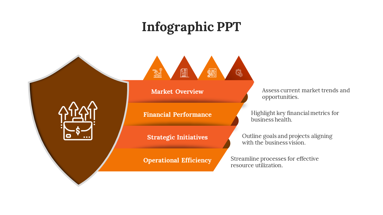 Slide featuring an orange shield on the left and four ribbon shaped banners layered horizontally on the right.