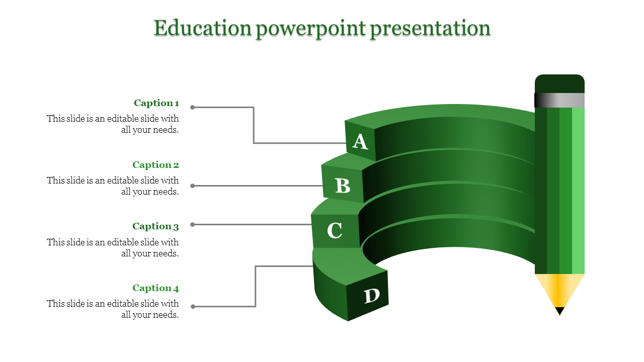 Education PowerPoint presentation slide featuring a green pencil and curved blocks with caption slots.