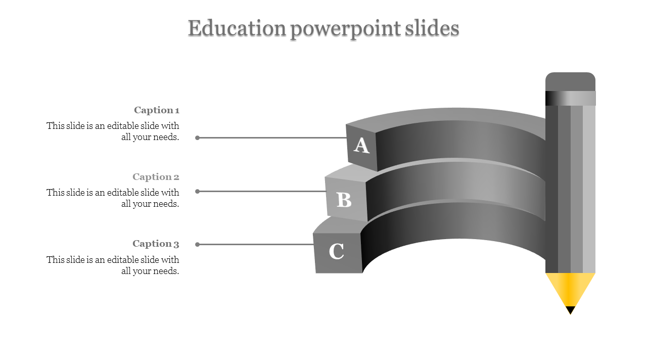 Education PowerPoint slide featuring a colorful gray spiral design with three labeled sections and a pencil illustration.