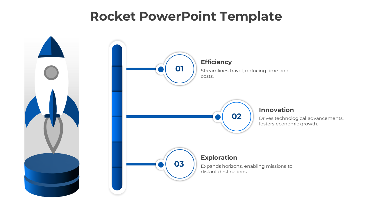 Rocket PowerPoint template with blue rocket and three sections from efficiency to exploration with icons and descriptions.