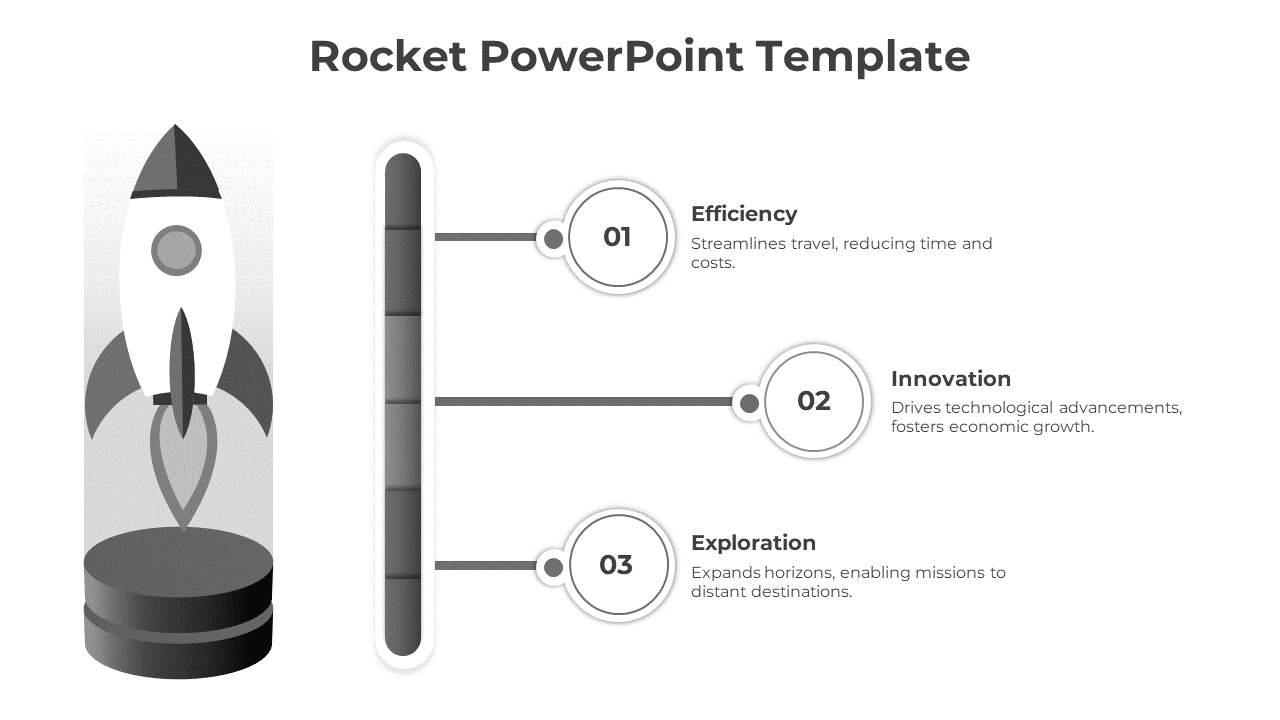 Gray rocket illustration on the left with three steps labeled efficiency, innovation, and exploration on a vertical line.