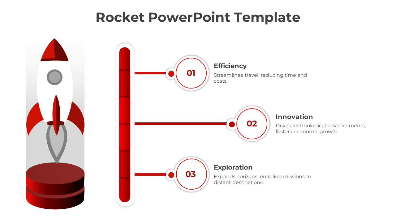Rocket-themed infographic with a red vertical bar on the left, linking to circular nodes with captions on the right.