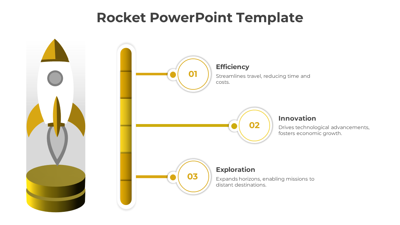 Rocket PowerPoint template featuring efficiency, innovation, and exploration sections in gold theme.