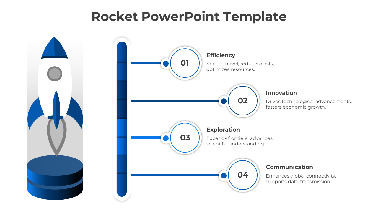 Rocket graphic with a vertical four step layout featuring blue accents and descriptive text on the right.