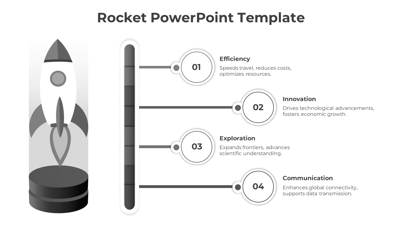 Rocket themed infographic in grayscale with four numbered steps connected to a progress bar and a rocket illustration.