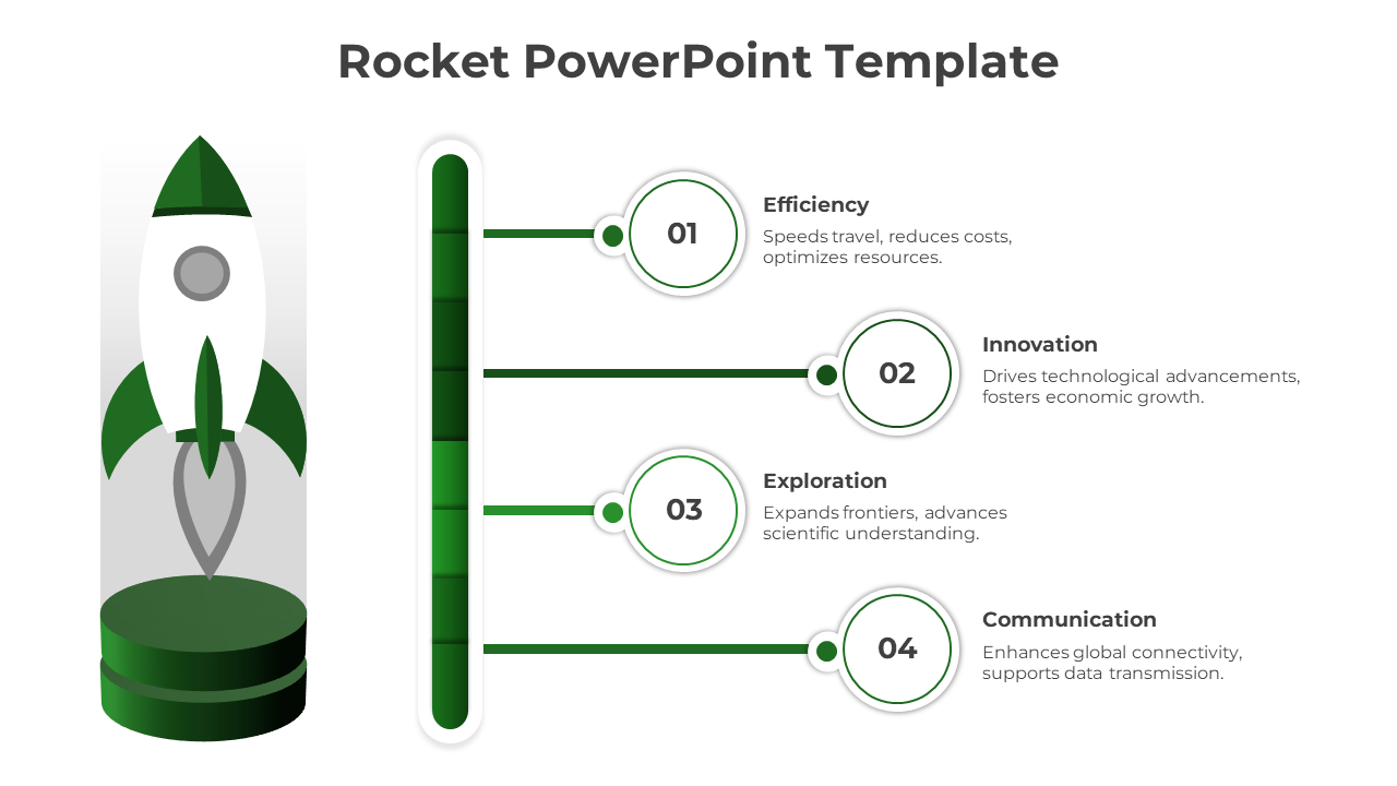 Rocket PPT slide showcasing four key elements from efficiency to communication, with a green rocket icon on the left.
