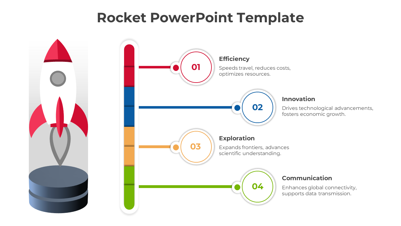 Infographic with a red rocket on the left and a colorful bar connecting to four labeled sections on a white background.