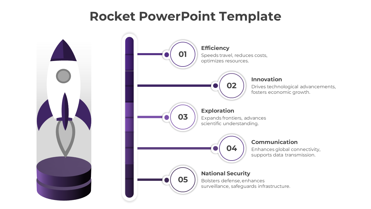 Business strategy slide featuring a purple rocket launch concept with five key steps connected to a progress indicator.