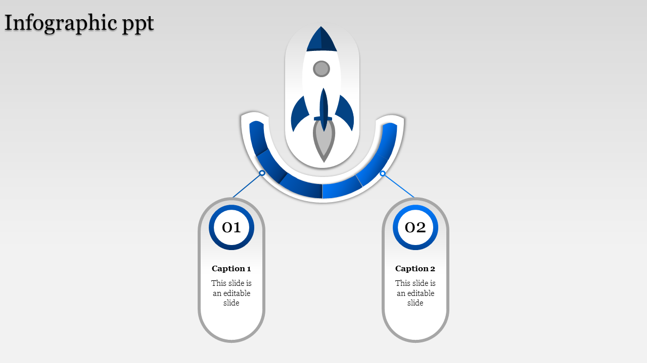 Blue infographic featuring a rocket at the center and two oval text placeholders linked below.