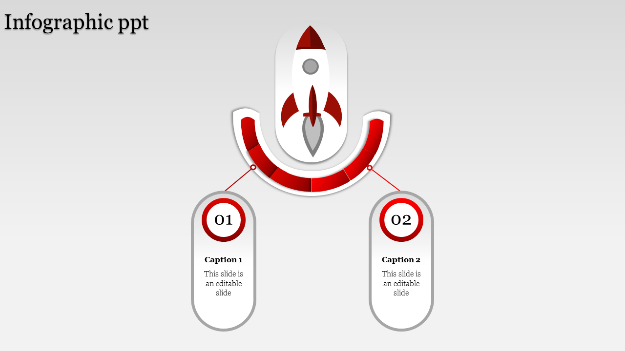 Rocket themed infographic slide with two red and white numbered captions connected to a central rocket design.