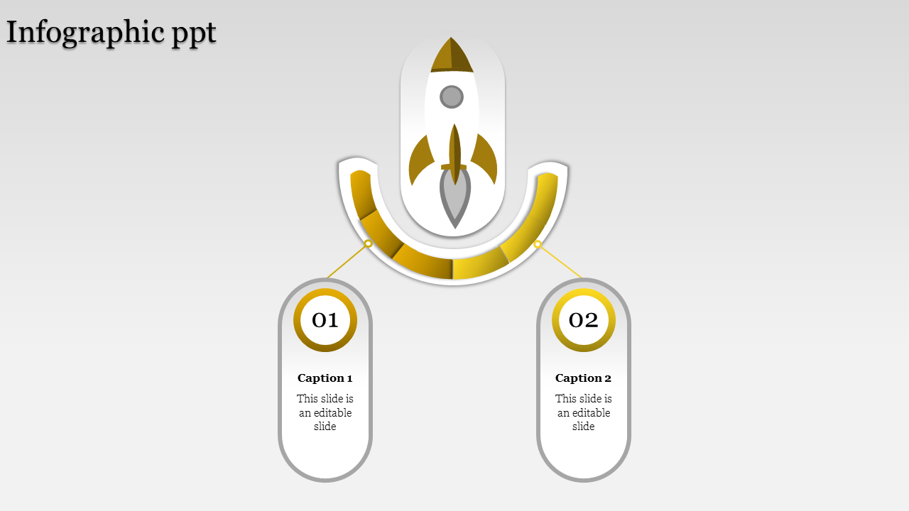 Infographic design with a central yellow rocket graphic and two connected oval captions for step representation.