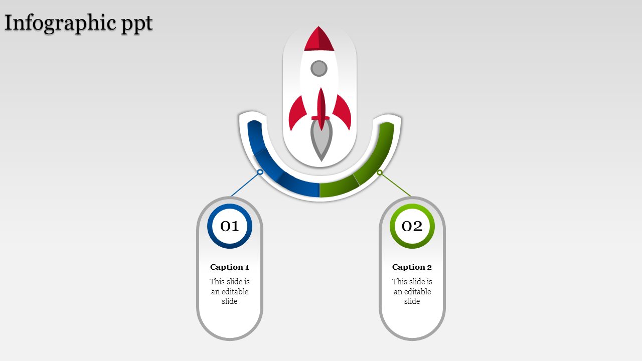 Rocket launch infographic with a curved blue and green segmented arc connecting two numbered captions areas.