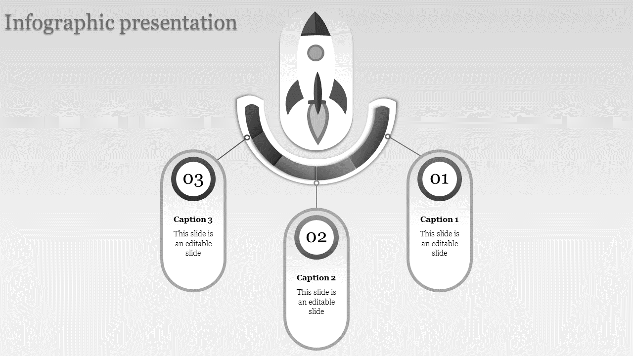 Infographic layout with a central rocket icon and three oval shapes connected below on a gray background.