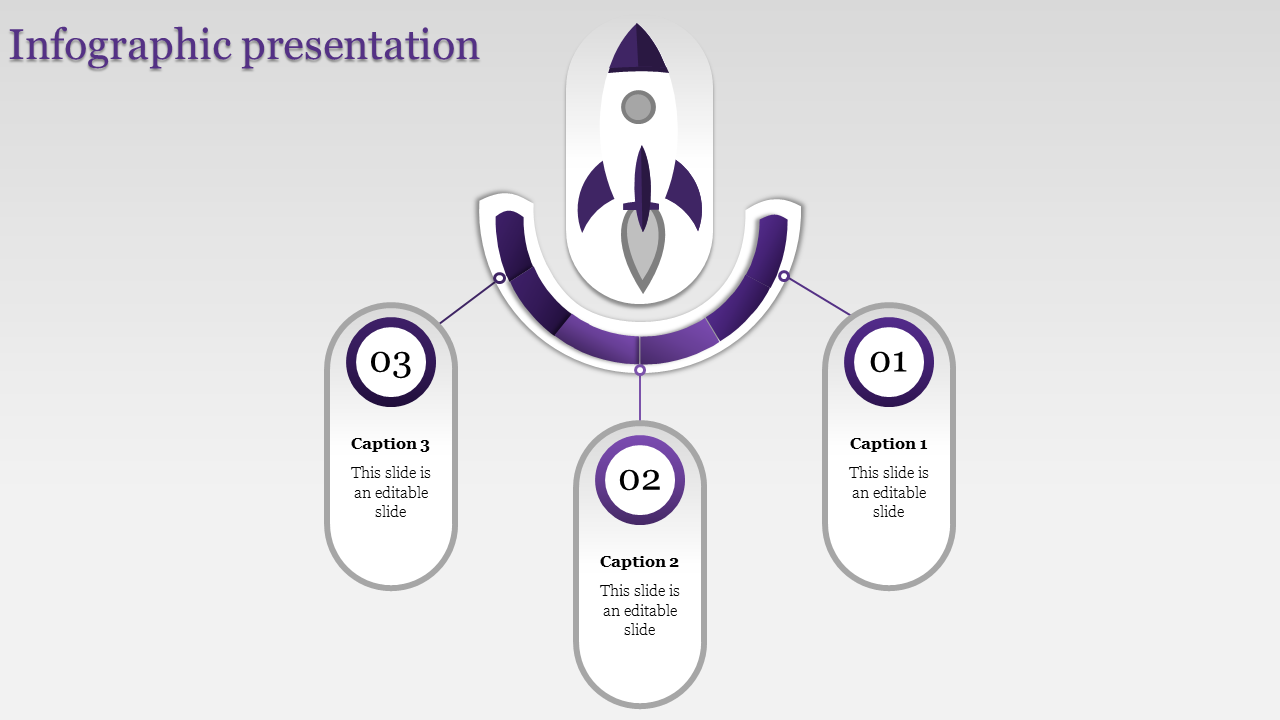 Purple rocket themed infographic with three numbered captions branching from the base in a symmetrical design.