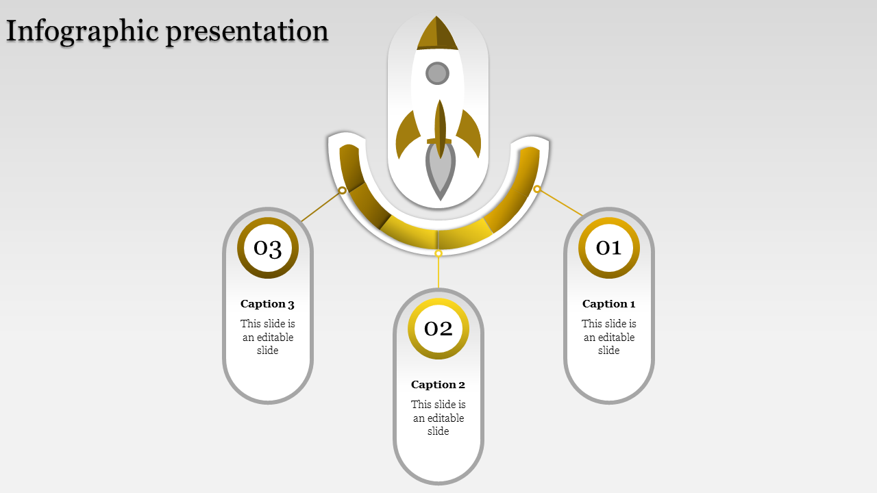 Rocket themed infographic slide with a yellow and white design and three numbered captions connected to the rocket graphic.