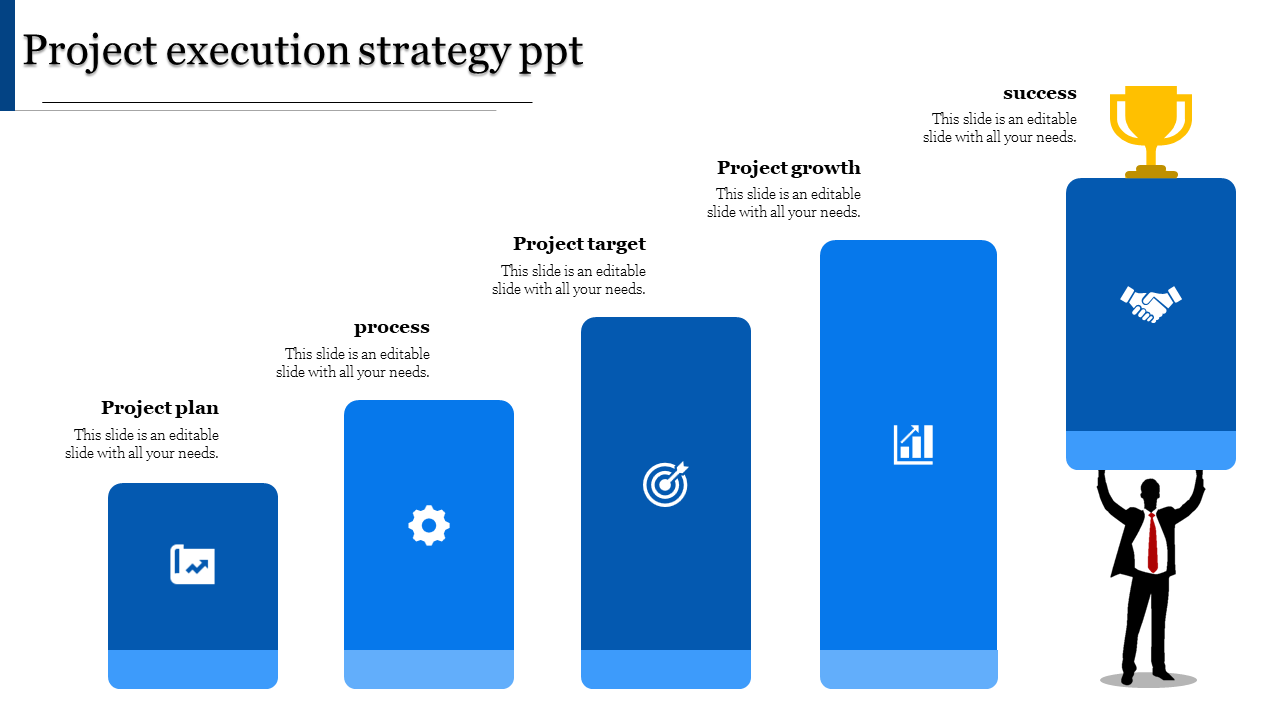 Infographic with five blue rectangular blocks and icons, illustrating project execution strategy and goals visually.