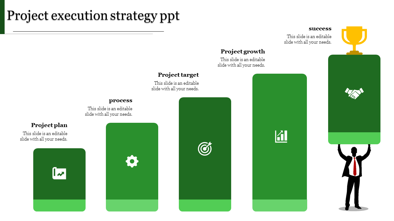 Project execution strategy infographic with increasing green blocks, symbolizing project stages from planning to success.