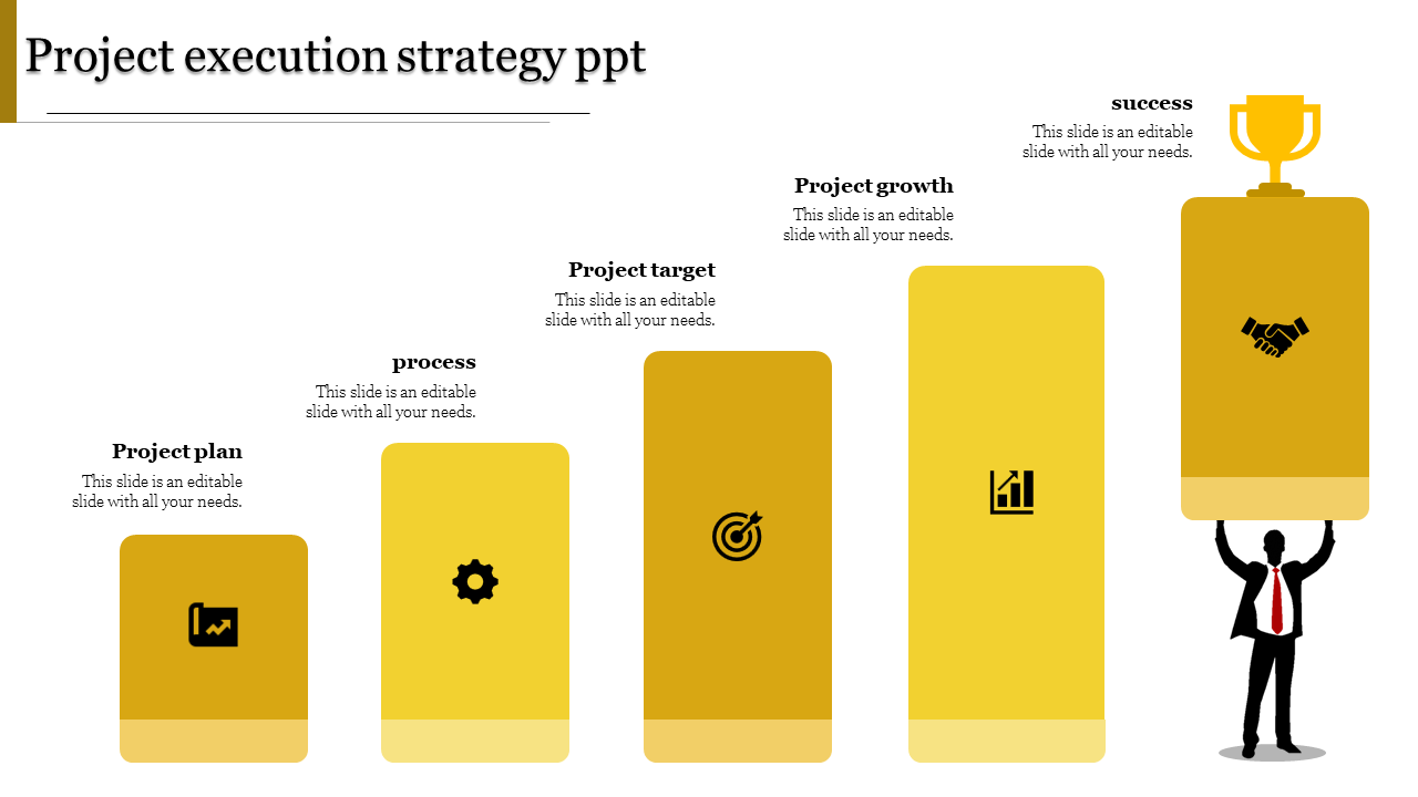 Five yellow blocks increasing in size with a man holding the final one and a trophy on top, showing project milestones.